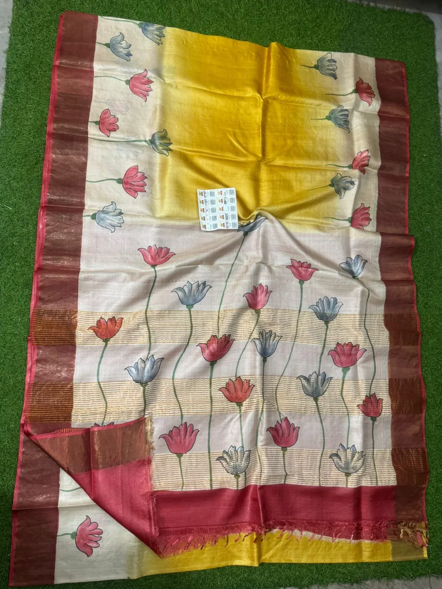 Pure Handloom Tussar Silk Hand Painted Pen Kalmakari Saree